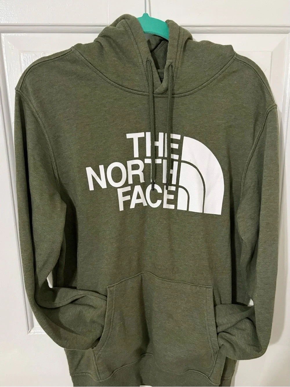 The North Face Men's Olive Green Crewneck Hoodie with White Logo